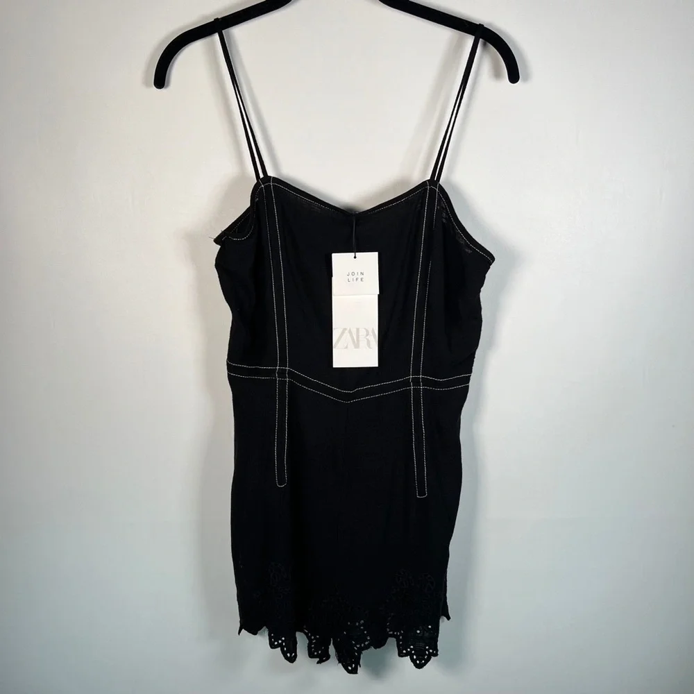 NWT ZARA Short Jumpsuit Topstitching Eyelet Embroidery‎ Hem Straps 7200/113 XS